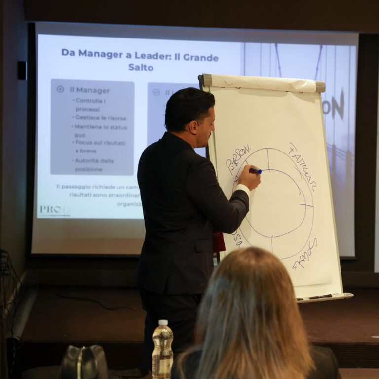 Relatore alla lavagna durante l'intervento "Da Manager a Leader" al Mastery Day PRO45
